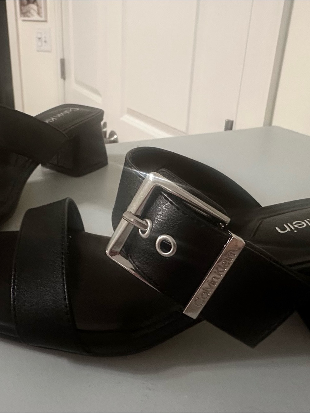 Calvin Klein Black Leather Buckle Block Heel Mules